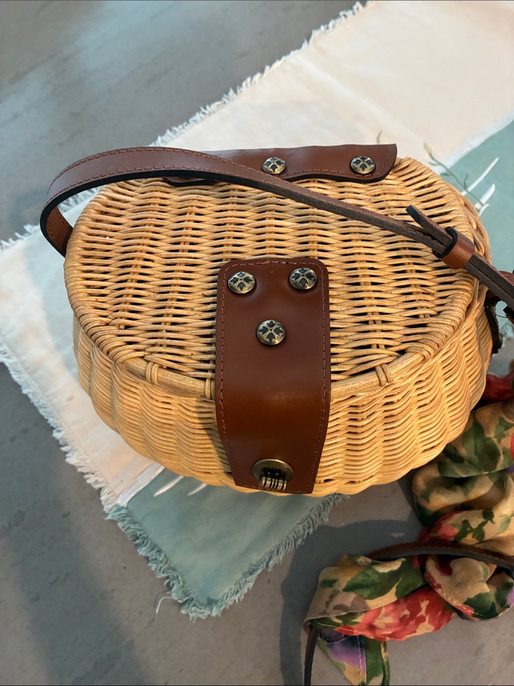 Patricia Nash woven Crossbody Bag with Brown Leather Trim and Floral Scarf - Picture 3 of 9